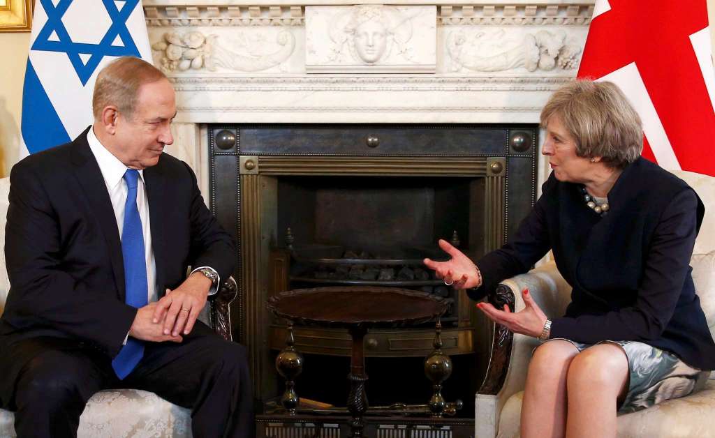 Britain's Prime Minister Theresa May, right, meets with Israeli Prime Minister Benjamin Netanyahu in Downing Street, London, Feb. 6, 2017. (Peter Nicholls/Pool Photo via AP)