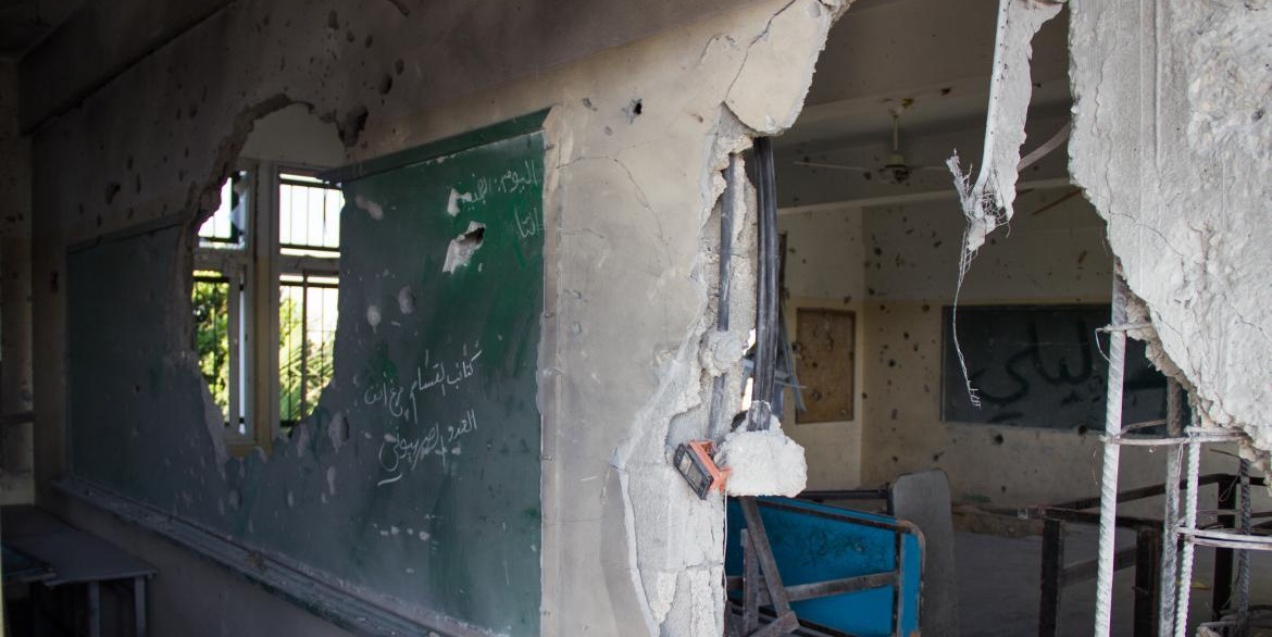 A classroom in Gaza destroyed in Israel’s 2014 attacks. Credit: Active Stills, Basel Yazouri