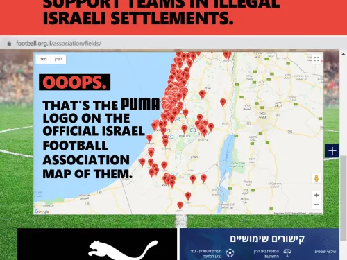 Puma says it doesn't support teams in illegal settlements. That's its logo on a map of them.